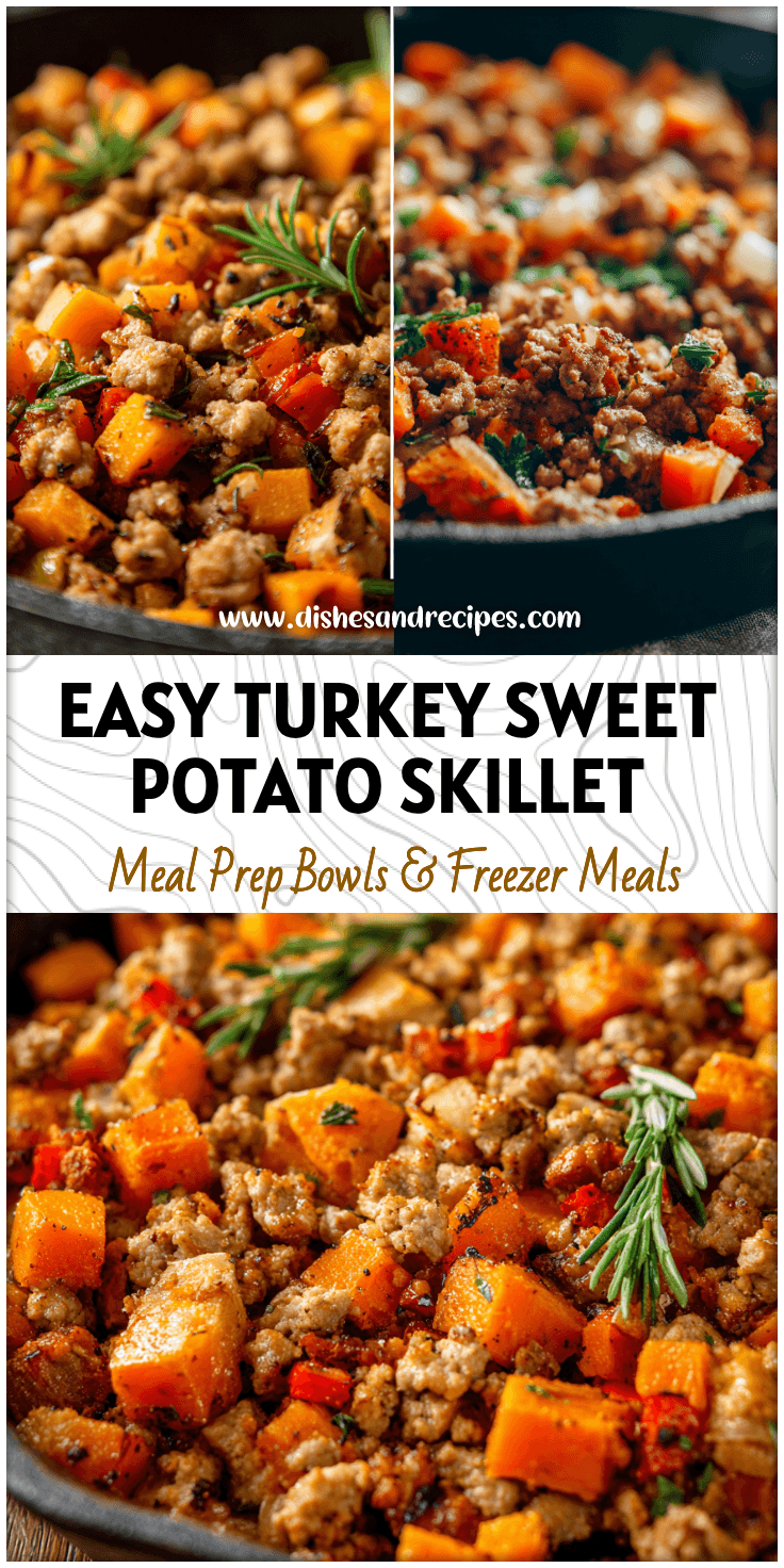 Colorful Turkey Sweet Potato Hash in skillet with browned ground turkey and diced sweet potatoes.